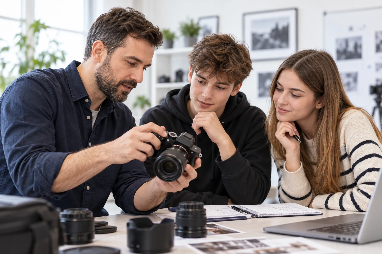 Знакомство подростков с фотографией на учебной встрече. Иллюстрация.