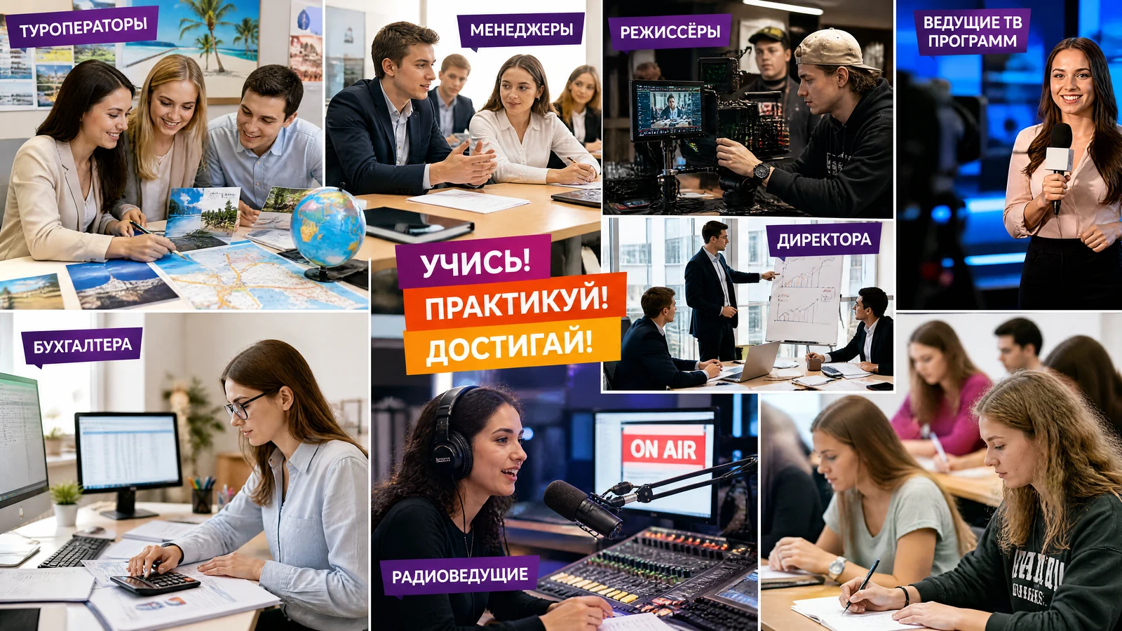 Учись! Практикуй! Достигай! Направления обучения: туризм, менеджмент и творческие профессии.